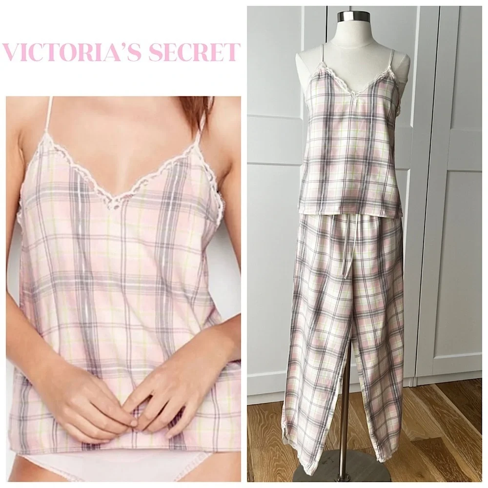 Victoria's Secret Plaid Glitter Lace Trim Cami & Pants Pajama Sz. XS